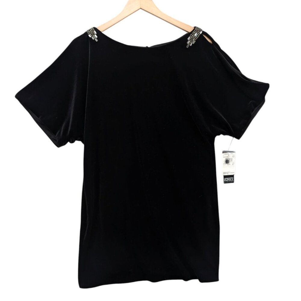 Adrianna Papell Evening Mini Cocktail Dress Black Velvet Cold Shoulder Size 6